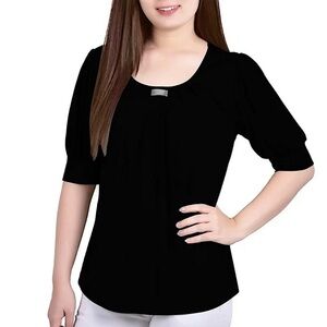 Black Short Puff Sleeve Blouse Silver Metal Accent by NY Collection Size Large